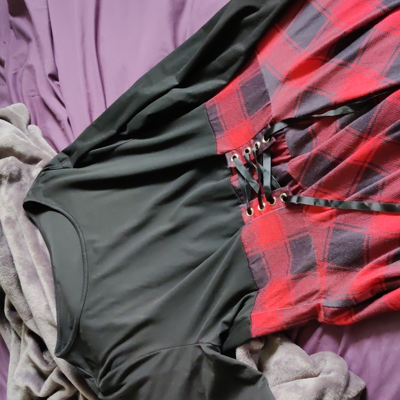 Buffalo plaid check hanky/hankie hem corset dress with long sleeves (SHEIN 3X) - Picture 3 of 7